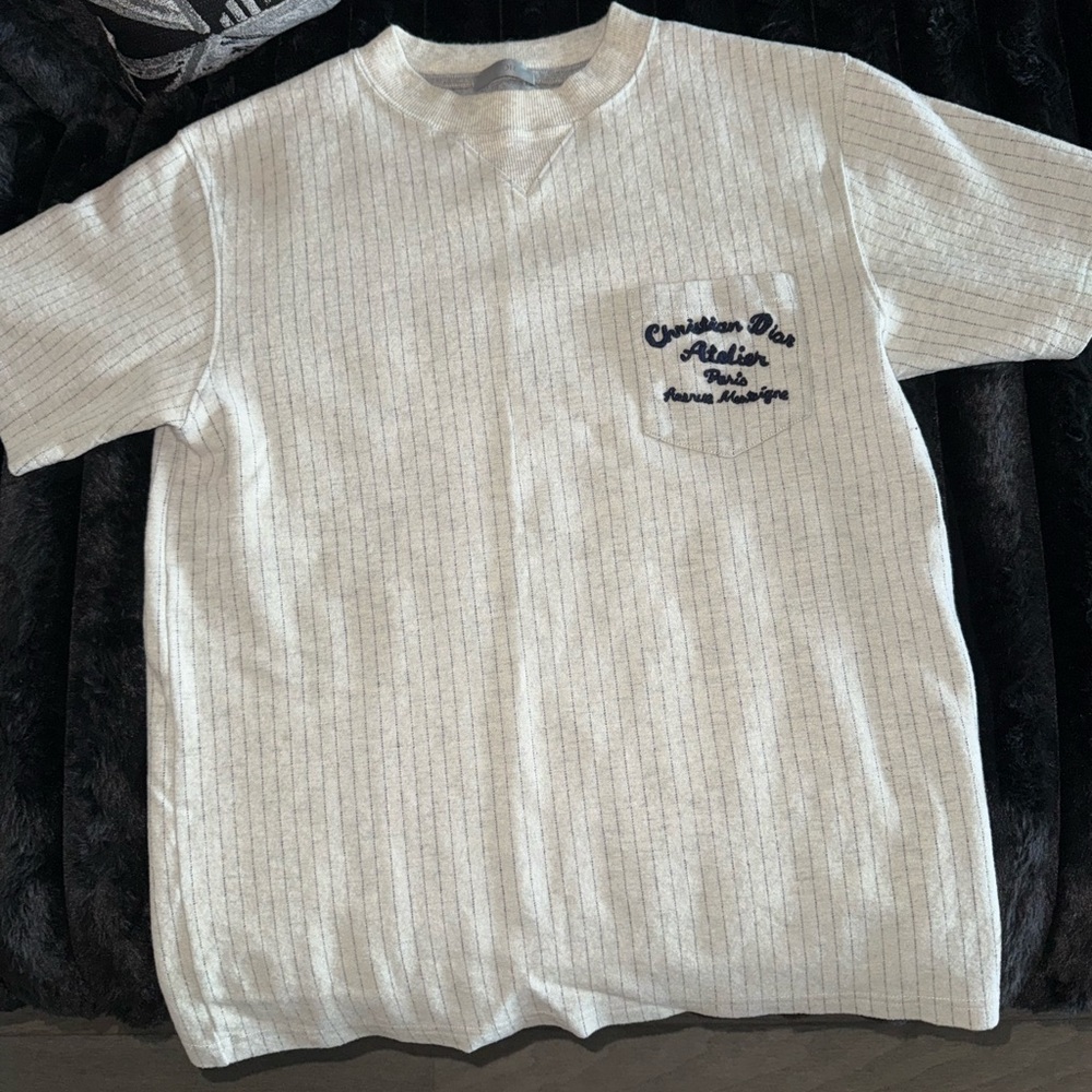 Dior White and Navy Blue Striped Wool Dress Shirt